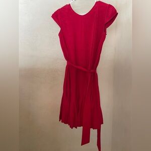 Red Silk Pleated Dress with Belt